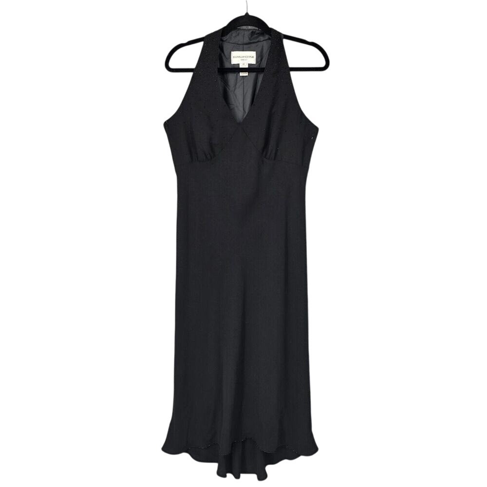 Evan-Picone Black Beaded Halter Midi Dress Womens 12 V-Neck High-Low Hem LBD